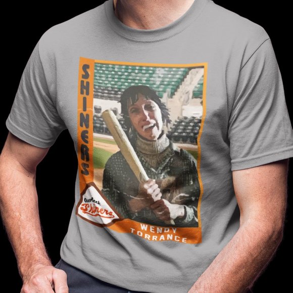 WENDY TORRANCE CLASSIC HORROR MOVIE VICTIM BASEBALL CARD DESIGN SHIRT - Picture 2 of 2